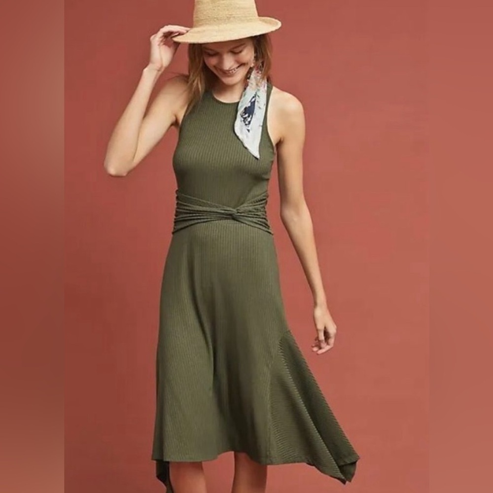 Anthropologie Olive Green Ribbed Midi Dress